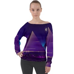 Egyptian-pyramids-night-landscape-cartoon Off Shoulder Long Sleeve Velour Top by Salman4z