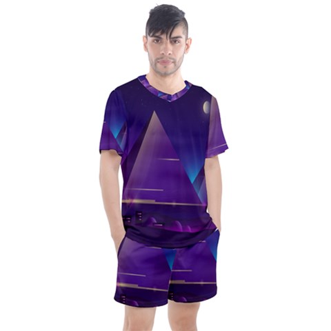 Egyptian-pyramids-night-landscape-cartoon Men s Mesh Tee And Shorts Set by Salman4z