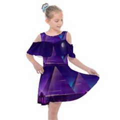 Egyptian-pyramids-night-landscape-cartoon Kids  Shoulder Cutout Chiffon Dress by Salman4z