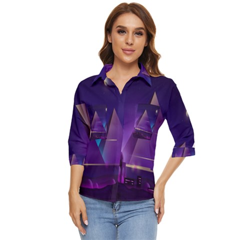 Egyptian-pyramids-night-landscape-cartoon Women s Quarter Sleeve Pocket Shirt by Salman4z