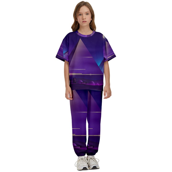 Egyptian-pyramids-night-landscape-cartoon Kids  Tee and Pants Sports Set