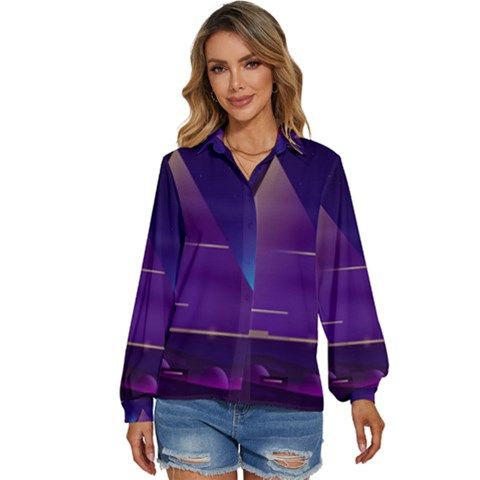 Egyptian-pyramids-night-landscape-cartoon Women s Long Sleeve Button Up Shirt by Salman4z