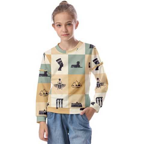 Egyptian-flat-style-icons Kids  Long Sleeve Tee With Frill  by Salman4z