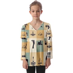 Egyptian-flat-style-icons Kids  V Neck Casual Top