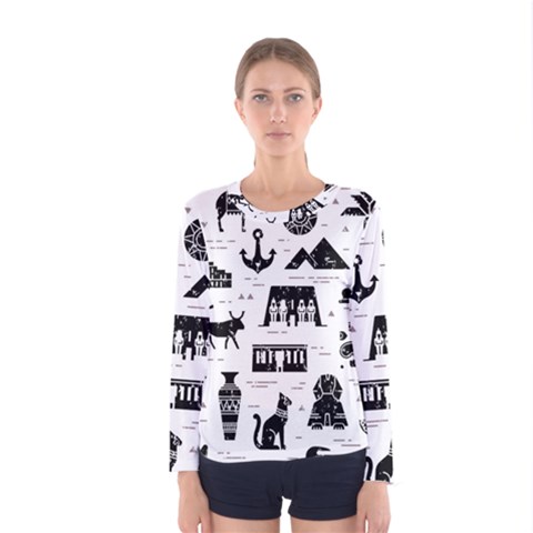 Dark-seamless-pattern-symbols-landmarks-signs-egypt --- Women s Long Sleeve Tee by Salman4z