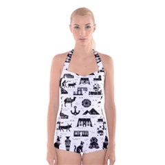 Dark-seamless-pattern-symbols-landmarks-signs-egypt --- Boyleg Halter Swimsuit  by Salman4z