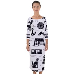 Dark-seamless-pattern-symbols-landmarks-signs-egypt --- Quarter Sleeve Midi Bodycon Dress by Salman4z