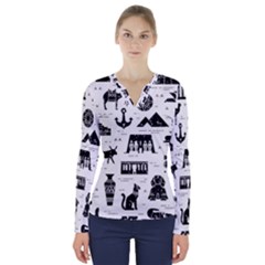 Dark-seamless-pattern-symbols-landmarks-signs-egypt --- V-neck Long Sleeve Top by Salman4z