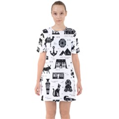 Dark-seamless-pattern-symbols-landmarks-signs-egypt --- Sixties Short Sleeve Mini Dress by Salman4z