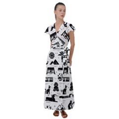 Dark-seamless-pattern-symbols-landmarks-signs-egypt --- Flutter Sleeve Maxi Dress by Salman4z