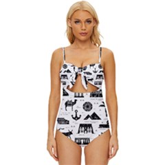 Dark-seamless-pattern-symbols-landmarks-signs-egypt --- Knot Front One-piece Swimsuit by Salman4z