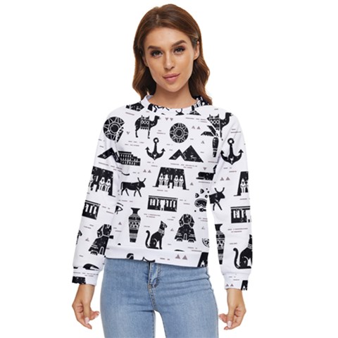 Dark-seamless-pattern-symbols-landmarks-signs-egypt --- Women s Long Sleeve Raglan Tee by Salman4z