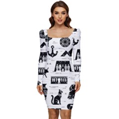 Dark-seamless-pattern-symbols-landmarks-signs-egypt --- Women Long Sleeve Ruched Stretch Jersey Dress by Salman4z