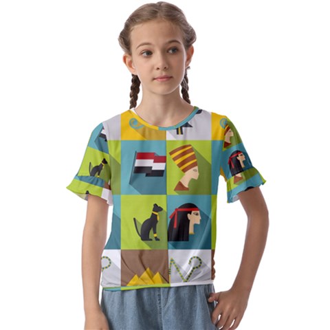 Egypt-travel-items-icons-set-flat-style Kids  Cuff Sleeve Scrunch Bottom Tee by Salman4z