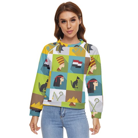 Egypt-travel-items-icons-set-flat-style Women s Long Sleeve Raglan Tee by Salman4z