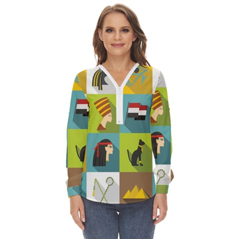 Egypt-travel-items-icons-set-flat-style Zip Up Long Sleeve Blouse by Salman4z