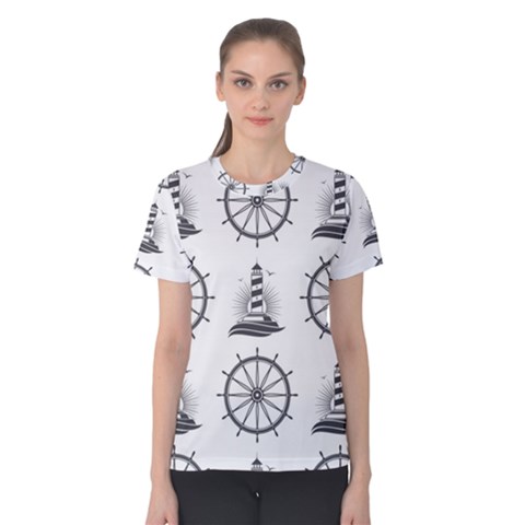 Marine Nautical Seamless Pattern With Vintage Lighthouse Wheel Women s Cotton Tee by Salman4z