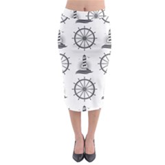 Marine Nautical Seamless Pattern With Vintage Lighthouse Wheel Midi Pencil Skirt by Salman4z