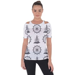 Marine Nautical Seamless Pattern With Vintage Lighthouse Wheel Shoulder Cut Out Short Sleeve Top by Salman4z