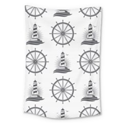 Marine Nautical Seamless Pattern With Vintage Lighthouse Wheel Large Tapestry