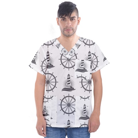 Marine Nautical Seamless Pattern With Vintage Lighthouse Wheel Men s V-neck Scrub Top by Salman4z