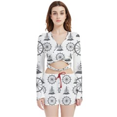 Marine Nautical Seamless Pattern With Vintage Lighthouse Wheel Velvet Wrap Crop Top And Shorts Set by Salman4z