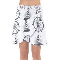 Marine Nautical Seamless Pattern With Vintage Lighthouse Wheel Wrap Front Skirt by Salman4z