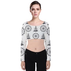 Marine Nautical Seamless Pattern With Vintage Lighthouse Wheel Velvet Long Sleeve Crop Top by Salman4z