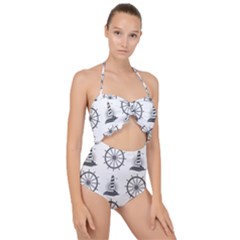 Marine Nautical Seamless Pattern With Vintage Lighthouse Wheel Scallop Top Cut Out Swimsuit by Salman4z