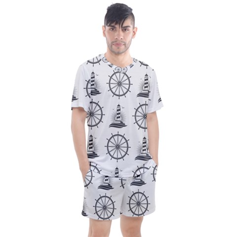 Marine Nautical Seamless Pattern With Vintage Lighthouse Wheel Men s Mesh Tee And Shorts Set by Salman4z