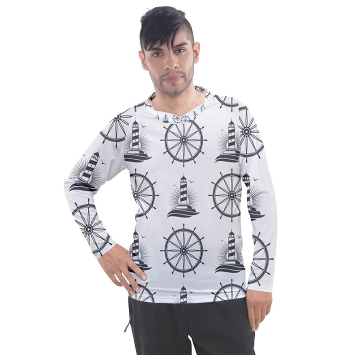 Marine Nautical Seamless Pattern With Vintage Lighthouse Wheel Men s Pique Long Sleeve Tee