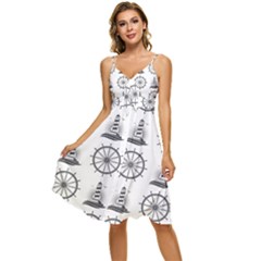 Marine Nautical Seamless Pattern With Vintage Lighthouse Wheel Sleeveless Tie Front Chiffon Dress by Salman4z