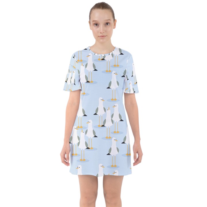 Cute-seagulls-seamless-pattern-light-blue-background Sixties Short Sleeve Mini Dress