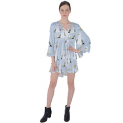 Cute-seagulls-seamless-pattern-light-blue-background V-neck Flare Sleeve Mini Dress by Salman4z