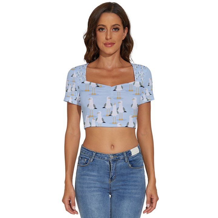 Cute-seagulls-seamless-pattern-light-blue-background Short Sleeve Square Neckline Crop Top 