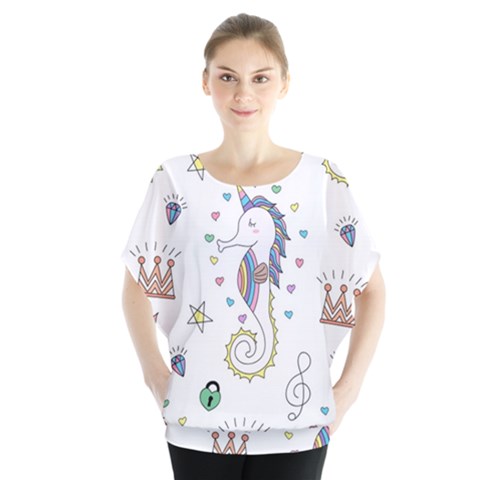 Seamless-pattern-cute-unicorn-cartoon-hand-drawn Batwing Chiffon Blouse by Salman4z