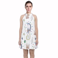 Seamless-pattern-cute-unicorn-cartoon-hand-drawn Velvet Halter Neckline Dress  by Salman4z