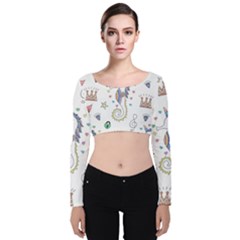 Seamless-pattern-cute-unicorn-cartoon-hand-drawn Velvet Long Sleeve Crop Top by Salman4z