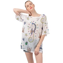 Seamless-pattern-cute-unicorn-cartoon-hand-drawn Oversized Chiffon Top