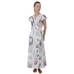 Seamless-pattern-cute-unicorn-cartoon-hand-drawn Flutter Sleeve Maxi Dress by Salman4z