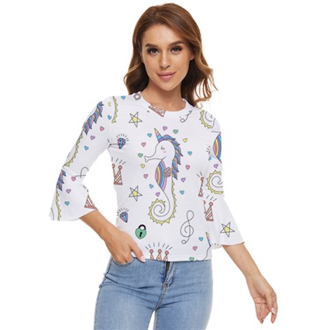 Seamless-pattern-cute-unicorn-cartoon-hand-drawn Bell Sleeve Top by Salman4z