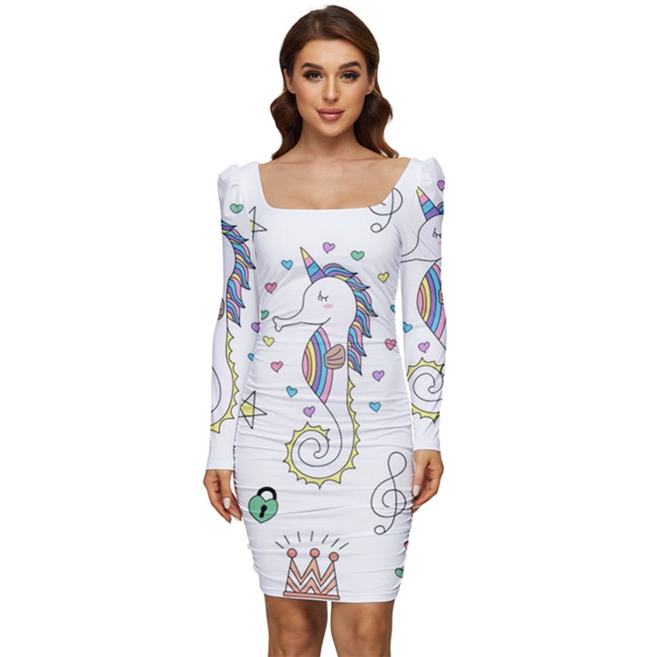 Seamless-pattern-cute-unicorn-cartoon-hand-drawn Women Long Sleeve Ruched Stretch Jersey Dress