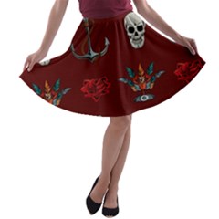 Tattoo-old-school-background-pattern A-line Skater Skirt by Salman4z