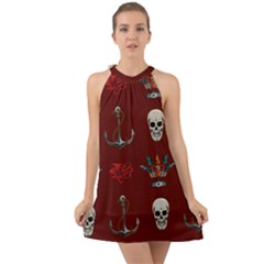 Tattoo-old-school-background-pattern Halter Tie Back Chiffon Dress by Salman4z