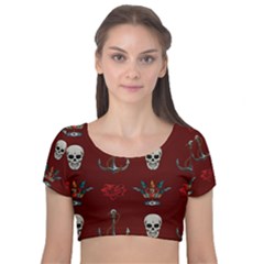 Tattoo-old-school-background-pattern Velvet Short Sleeve Crop Top  by Salman4z