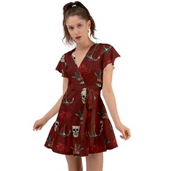 Tattoo-old-school-background-pattern Flutter Sleeve Wrap Dress by Salman4z