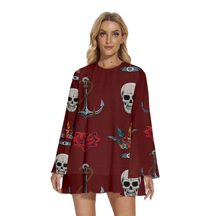 Tattoo-old-school-background-pattern Round Neck Long Sleeve Bohemian Style Chiffon Mini Dress