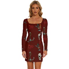 Tattoo-old-school-background-pattern Long Sleeve Square Neck Bodycon Velvet Dress by Salman4z