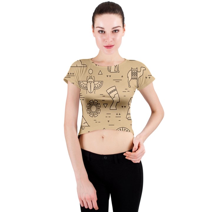 Egyptian-seamless-pattern-symbols-landmarks-signs-egypt Crew Neck Crop Top