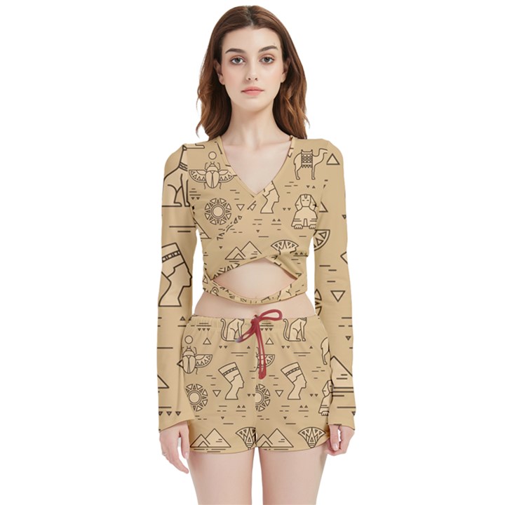 Egyptian-seamless-pattern-symbols-landmarks-signs-egypt Velvet Wrap Crop Top and Shorts Set